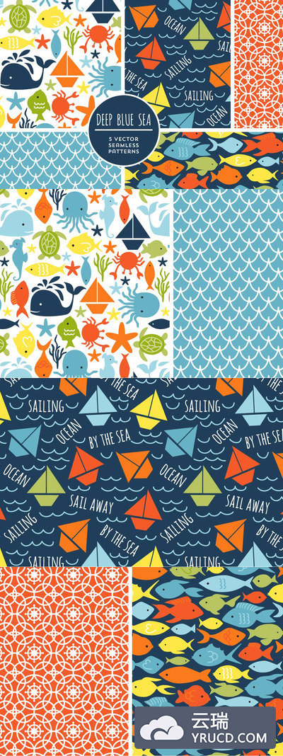 可爱的深蓝色花纹背景纹理 Cute Deep Blue Sea Patterns