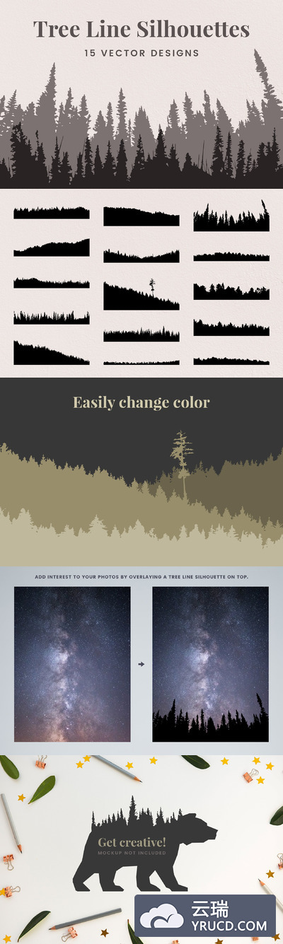 矢量树木轮廓插画素材 Vector Tree Line Silhouettes