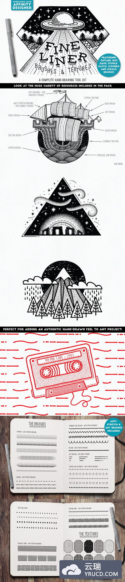 素描线条纹理&Affinity Designer笔刷 Fine Liner - Affinity Brushes