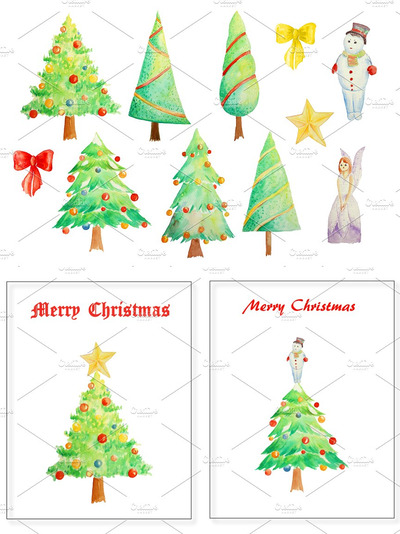 水彩圣诞节元素剪贴画 Watercolor Clipart Christmas Trees