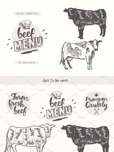 奶牛素描插画 Design elements for a beef menu