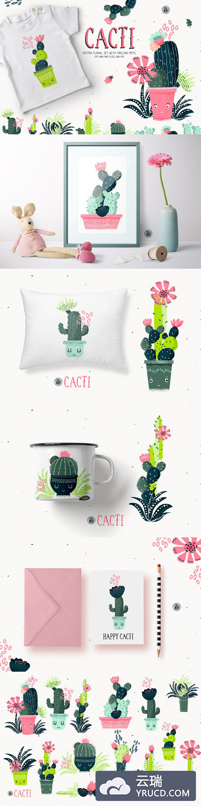 仙人掌绿植矢量素材 Cacti With Smiling Pots