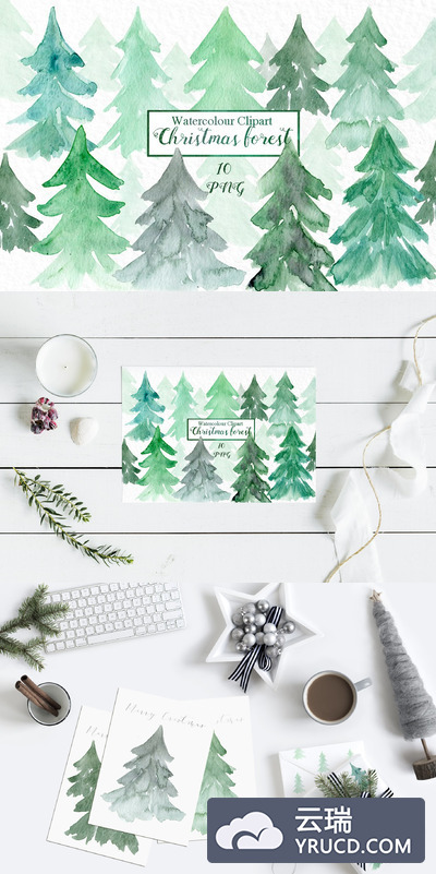 圣诞森林水彩画 Christmas tree forest watercolor.