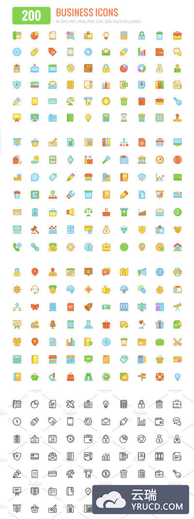 200个商业彩色和线条图标 200 Business Colored and Line Icons