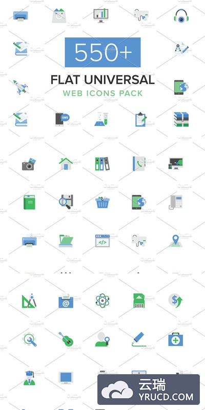 550+扁平化通用网页图标素材 550+ Flat Universal Web Icons Pack