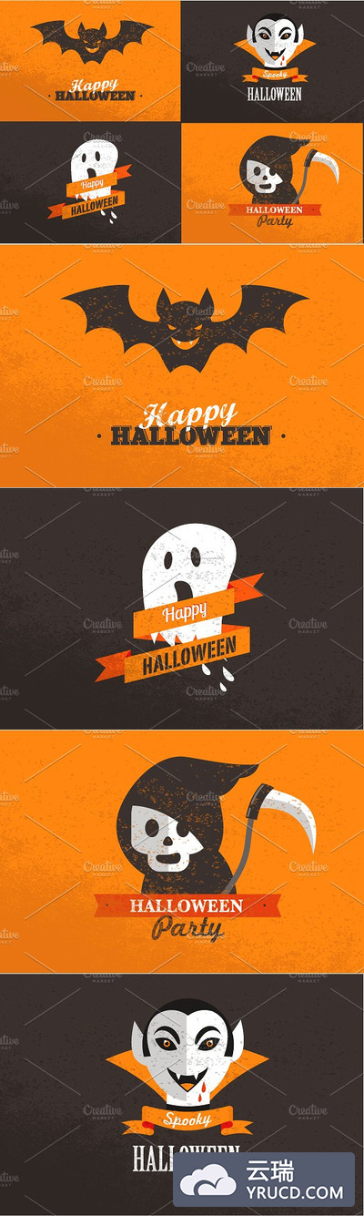 万圣节卡通插画 Halloween set of cards