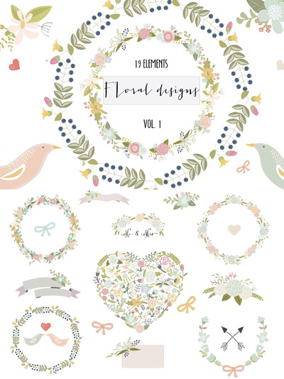 矢量花环素材插画 Floral clip art set 5