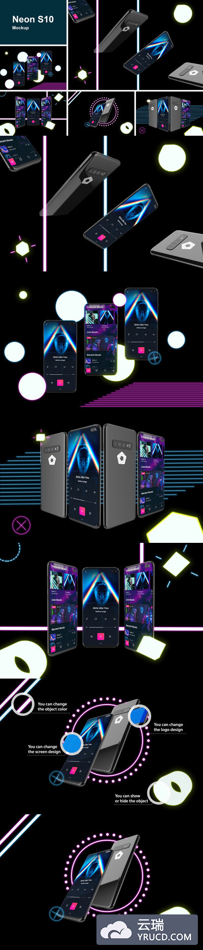 时尚高端震撼的霓虹灯效果的安卓三星S10手机APP UI样机展示模型mockups