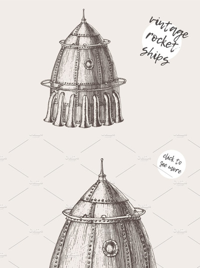 复古蒸汽朋克素描插画 Set of steam punk rocket ships