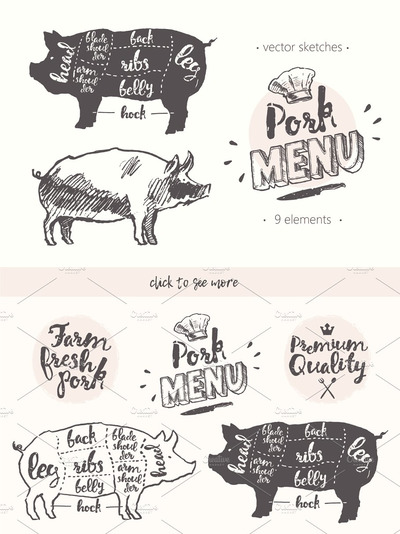 猪肉菜单的设计元素插画 Design elements for a pork menu