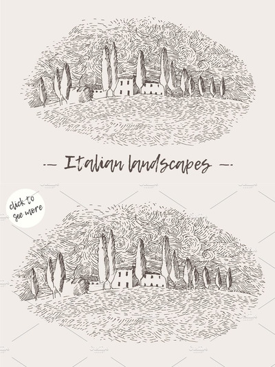 意大利的风景速写插画 Italian landscapes, vineyards