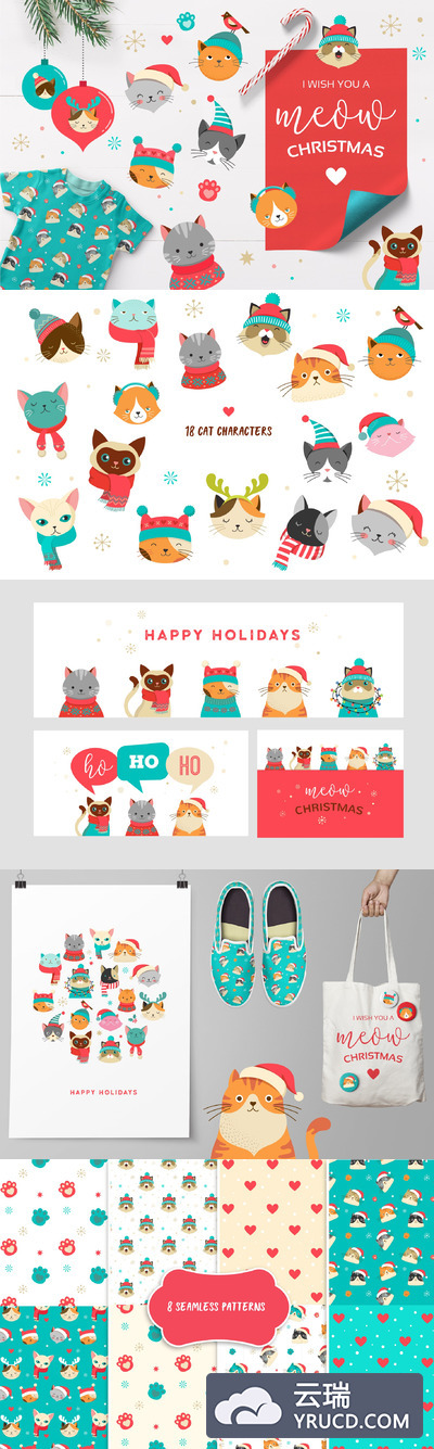 可爱的圣诞节元素插画 Cute Christmas Cats Bundle