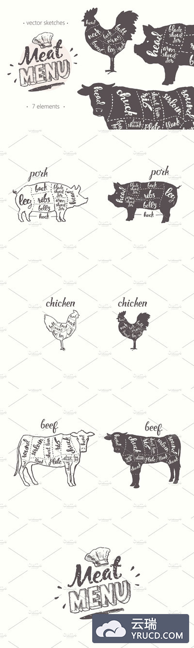 动物插画素材 Pork cuts, chicken cuts, beef cuts