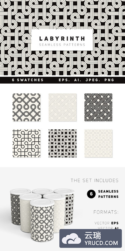 抽象迷宫式无缝图案背景纹理 Labyrinth Seamless Patterns Set