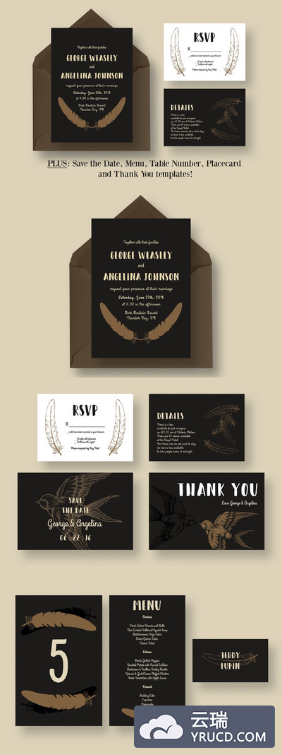 羽毛元素婚礼邀请函模板 Birds and Feathers Wedding Suite
