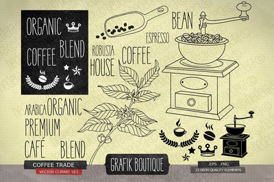 经典咖啡元素插画 Coffee trade, vintage grinder, crown