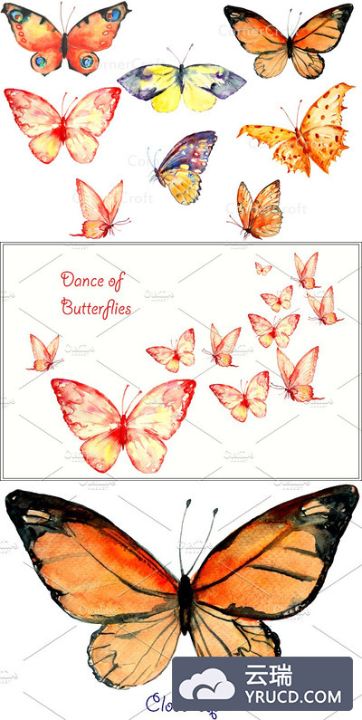 水彩蝴蝶剪贴画 Watercolor Clipart Orange Butterfly