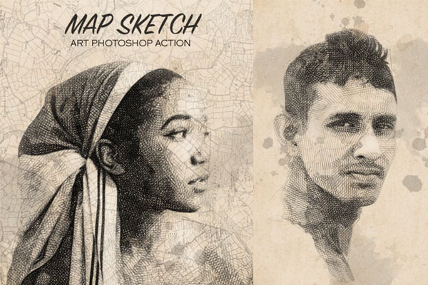 复古地图素描艺术Photoshop动作下载