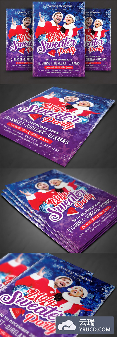 圣诞节海报背景模板 Ugly Christmas Sweater Party Flyer