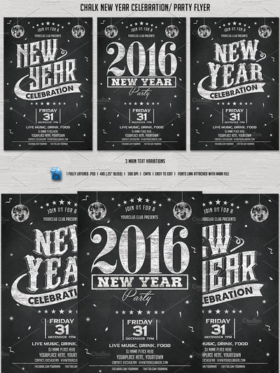 新年派对黑板宣传海报模板 Chalk New Year Party Flyer