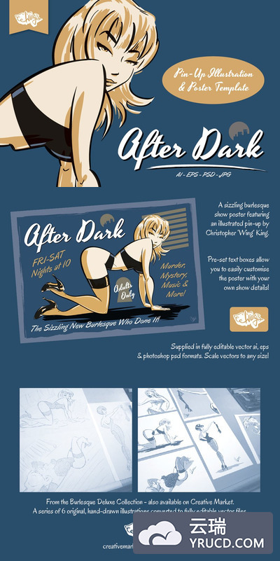 卡通人物插画 Film Noir Style Pin-Up Illustration