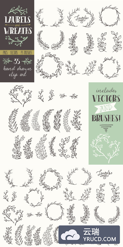 橄榄枝花卉图形插画 Whimsical Laurels & Wreaths Clip Art