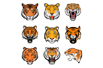 老虎头部矢量图标 9 Tiger Face Vector Illustrations