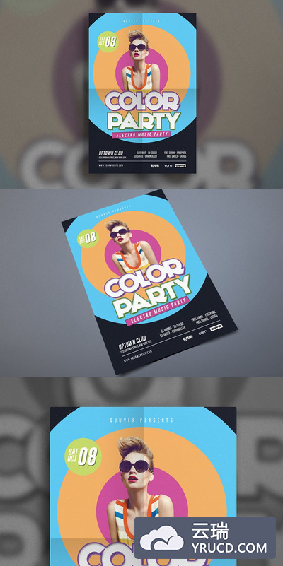 经典电子音乐海报设计模板 Retro Electro Color DJ Party