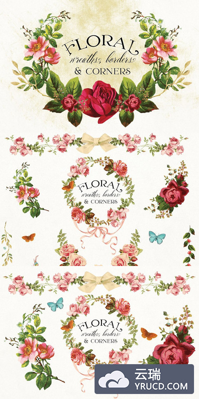 水彩花卉素材插画 Floral Wreaths, Borders & Corners