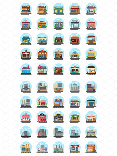 商店和建筑物的平面图标 50 Store and Buildings Flat Icons