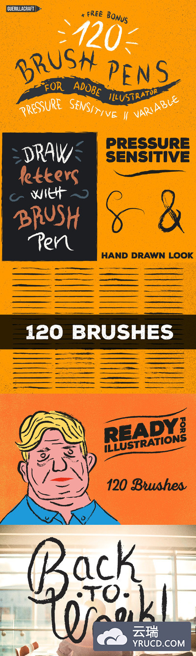 120款手绘画笔AI笔刷 120 Brush Pens for Adobe Illustrator