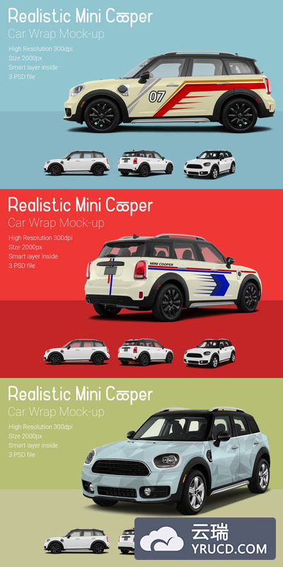 逼真的新款Mini Cooper汽车车贴设计展示模型样机下载[PSD]