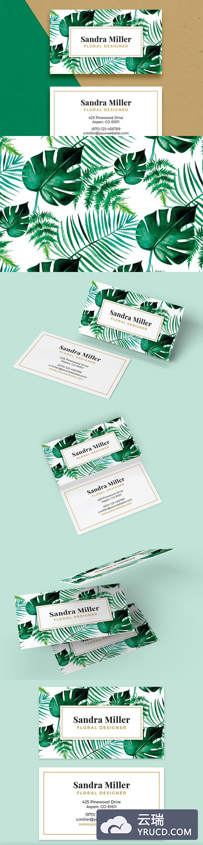 水彩绿植名片模板 Watercolor Leaves - Business Card