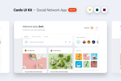 UI Kits | 时尚独特现代设计卡片工具包社交网络应用程序组件屏幕模板