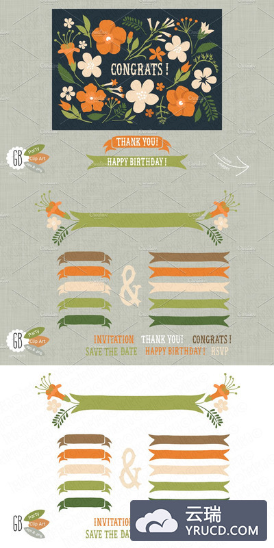 矢量花卉插画 Folk flower invite dark