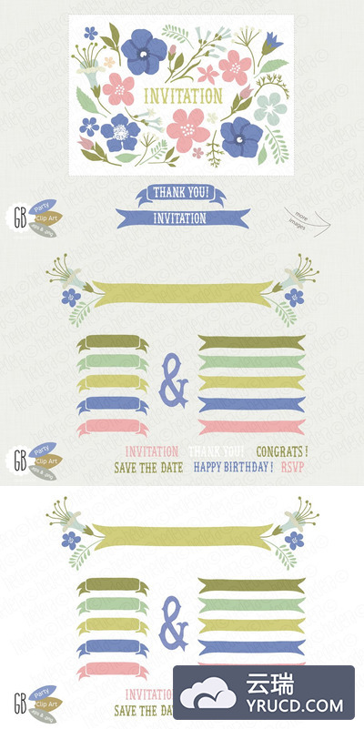 邀请函花卉插画 Folk flowers invite blue