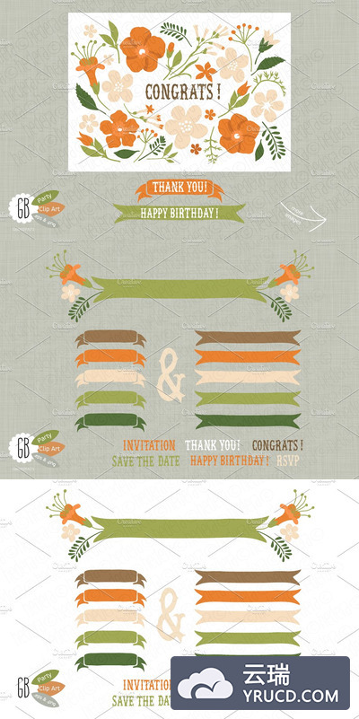 民间花卉素材插画 Folk flowers invitation