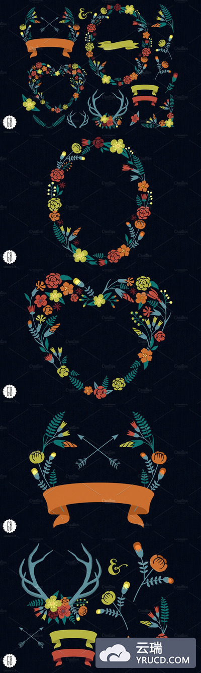 月桂树花卉插画 Floral wreaths heart antlers laurels