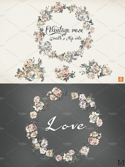 玫瑰花卉素材插画 Soft Rose Wreaths & Bouquets Clipart