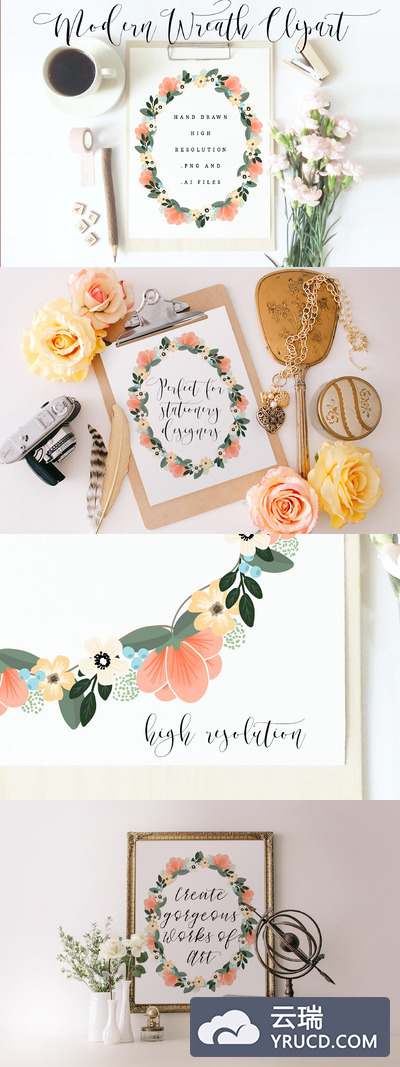 现代手绘花卉插画 Modern hand drawn floral wreath