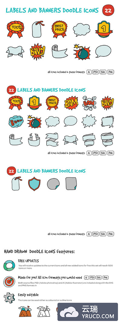 标签和横幅涂鸦图标素材 Labels and Banners Doodle Icons Set