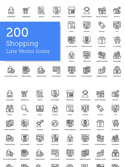 电商购物线型图标素材 200 Shopping Line Icons