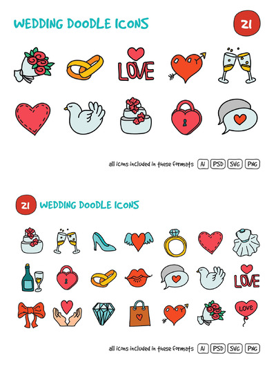 婚礼元素图标素材 Wedding Doodle Icons Set