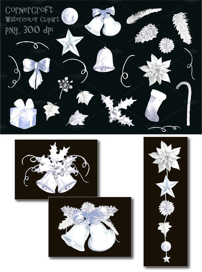 圣诞节银色装饰插画 Christmas Decorations Silver Clipart