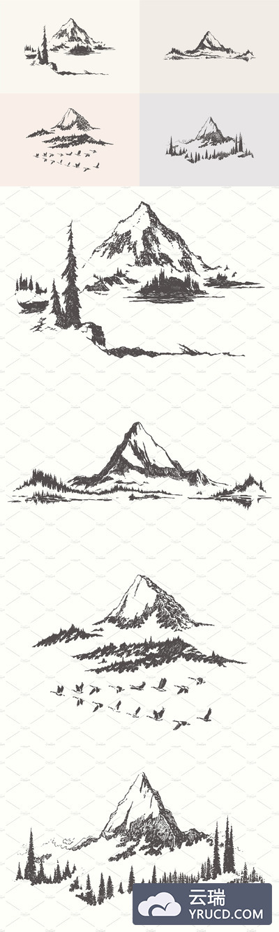 高山素描插画 High detail mountain landscapes