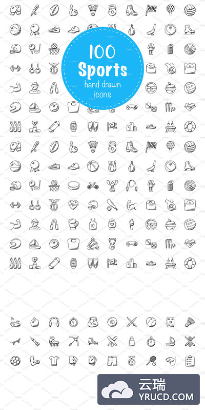 100个体育涂鸦线框图标素材 100 Sports Doodle Icons