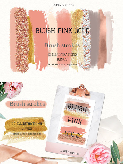 烫金笔刷效果背景 Blush pink gold Brush stroke clipart