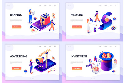 时尚高端多用途的3D立体2.5D等轴等距抽象平面设计概念着陆页插画banner海报设计模板-1