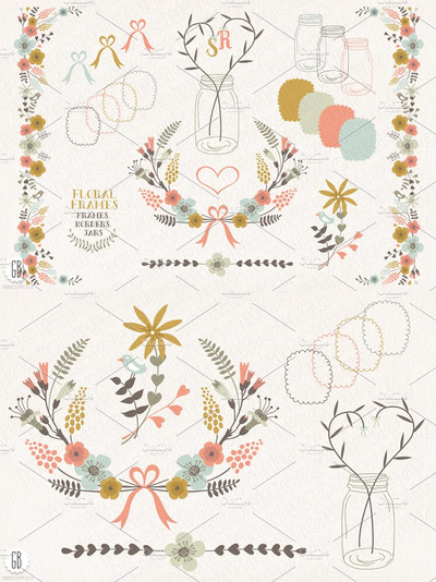 花卉插画素材 Floral frames, jars, folk flowers