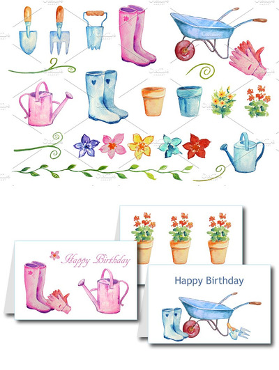 水彩花园剪贴画 Watercolor Gardening Clipart